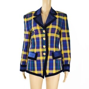 Vintage Escada Margaretha Ley Blue Plaid Velvet Satin Trim Wool Blazer Jacket